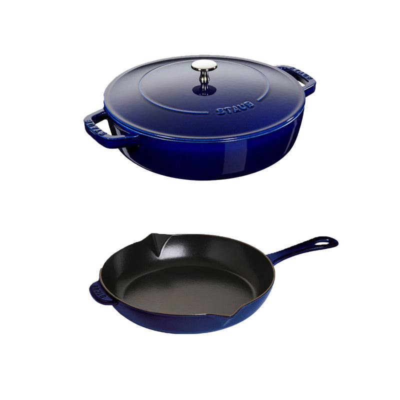 STAUB 3 Piece Cookware Set - 28cm Braiser With Lid & 26cm Frypan, Blue